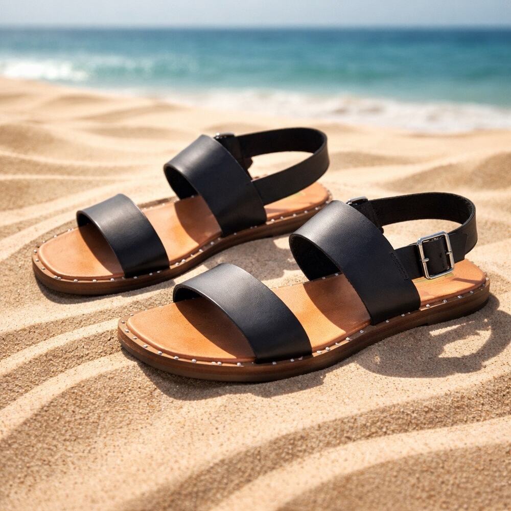 Steve Madden Black Leather Double-Band Ankle Strap Sandals